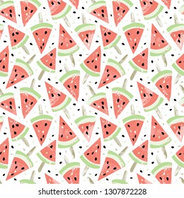 Hand drawn vector seamless pattern wirh watermelon popsicles and seeds on white background