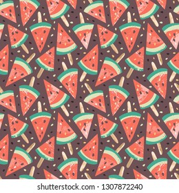 Hand drawn vector seamless pattern wirh watermelon popsicles and seeds on dark background