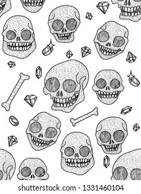 Hand drawn vector seamless pattern with skull, bones, gems and coins.