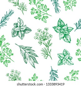 Hand drawn vector seamless pattern of herbs and spices. Vector background of rosemary, mint, laurel, dill, parsley, basil