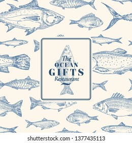 Hand Drawn Vector Seamless Pattern. Fish Package Card or Cover Template with Sea Bass Ocean Gifts Emblem. Herring, Anchovy, Tuna, Dorado, Seabass and Salmon Background. Isolated.