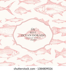 Hand Drawn Vector Seamless Pattern. Fish Package Red Card or Cover Template with Ocean Dorado Emblem. Herring, Anchovy, Tuna, Dorada, Seabass and Salmon Background. Isolated.