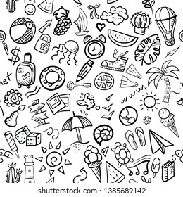 Hand drawn vector seamless pattern of summer and holiday doodle elements. Beach and warm weather related sketch objects