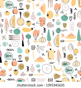 Hand drawn vector seamless pattern. Background of vegetables, berries, fruits and seafoods. Kitchenware design elements. Kitchen textile.Sketches of kitchenware. Menu design