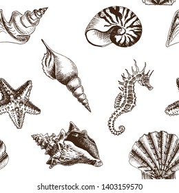 Hand drawn vector seamless pattern with seashells, sea Horse, nautilus, scallop, starfish.