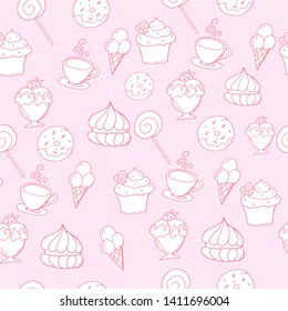 Hand drawn vector seamless pattern with desserts.  