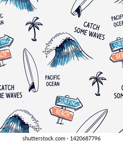 Hand drawn vector seamless pattern. Surfboards palm trees, waves and slogan texts.