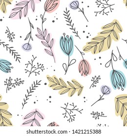 Hand drawn vector seamless pattern with flowers and branches with leaves, flowers, berries. Floral sketch collection. Decorative elements for design. Ink, vintage, rustic.