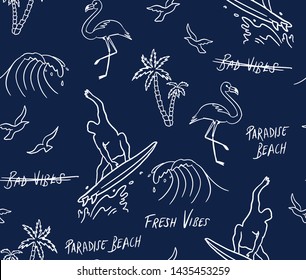 Hand drawn vector seamless pattern. Surfer, palm trees, flamingo,  waves and slogan texts.