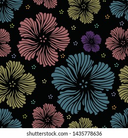 Hand drawn vector seamless pattern. Abstract hibiscus flower design for background, wallpaper, clothing, wrapping, fabric 