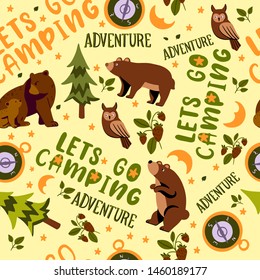 Hand drawn vector seamless pattern on camping topic with lettering "Let's go Camping", "Adventure" featuring wild animals on yellow background.
