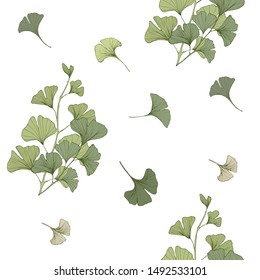 Hand drawn vector seamless pattern of Ginkgo biloba leaves.