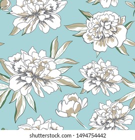 hand drawn Vector seamless pattern with beige peony flowers on turquoise background.