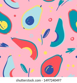 hand drawn vector seamless pattern with sketch modern handdrawn style avocado in bright neon colors. Endless background with fruit ingredient. Good for wallpaper, textile fabric or wrapping paper.