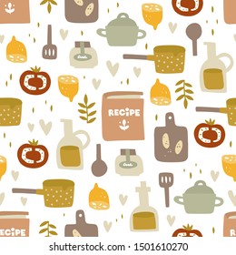 Hand drawn vector seamless pattern. Pan, cutting board with baguette, a bottle of olive oil, recipe book. Cooking, cozy recipes, healthy food, holidays. Background fill, wrapping paper in flat style. 