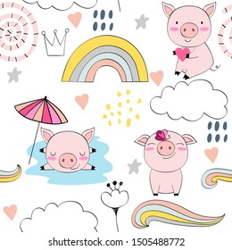 hand drawn vector seamless pattern with pigs.