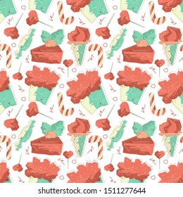 Hand drawn vector seamless pattern. Funny stylized tast stuff like ice cream and cake flying all around. Print for childish clothes or gift wrapping.