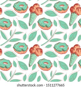 Hand drawn vector seamless pattern. Funny stylized tast stuff like ice cream and cake flying all around. Print for childish clothes or gift wrapping.