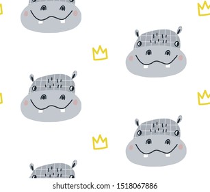 Hand drawn vector seamless pattern illustration of a cute funny hippopotamus. Scandinavian style flat design for kids. The concept for children's textiles, wrappings, wallpapers, covers.
