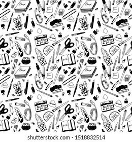 Hand drawn, vector seamless pattern school stationery items. Black on white background. Plants succulents, pens, pencils, brushes, stapler.