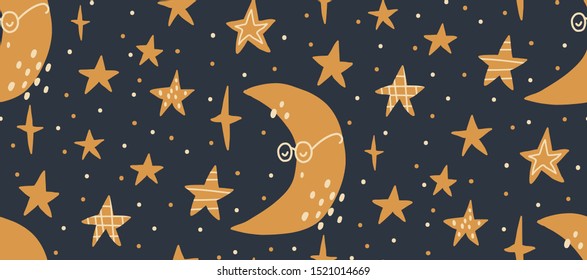 Hand drawn vector seamless pattern illustration of a night starry sky. Scandinavian style flat design for kids. The concept for children's textile, wrapping, wallpaper, covers.