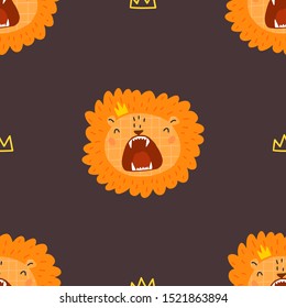 Hand drawn vector seamless pattern illustration of lions and crowns. Scandinavian style design for kids. The concept for children's textile, wrapping, wallpaper, covers.