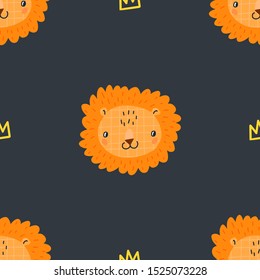 Hand drawn vector seamless pattern illustration of lions and crowns. Scandinavian style design for kids. The concept for children's textile, wrapping, wallpaper, covers.