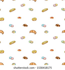 Hand drawn vector seamless pattern with croissant, macaroons, biscuits, eclair and donut. Good for wrapping paper, wallpapers at cafe, coffee shop, bakery or confectionery