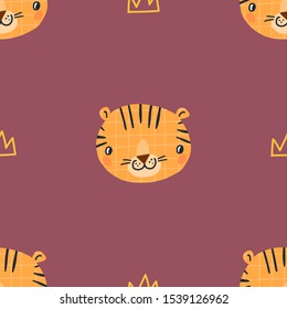 Hand drawn vector seamless pattern illustration of tigers and crowns. Scandinavian style design for kids. The concept for children's textile, wrapping, wallpaper, covers.