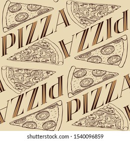 Hand drawn vector seamless pattern with realistic pizza slices and lettering. Good for wrapping paper, wallpapers at cafe, pizzeria or bakery
