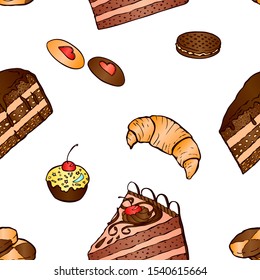 Hand drawn vector seamless pattern with piece of cake, macaroon, biscuit, cupcake and cup of tea or coffee. For wrapping paper, wallpapers at cafe, coffee shop, bakery or confectionery