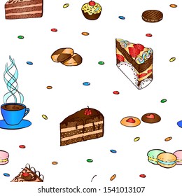 Hand drawn vector seamless pattern with piece of cake, macaroon, biscuit, cupcake and cup of tea or coffee. For wrapping paper, wallpapers at cafe, coffee shop, bakery or confectionery