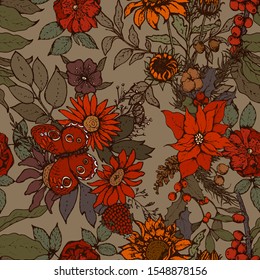 Hand drawn vector seamless pattern with branch, flowers,