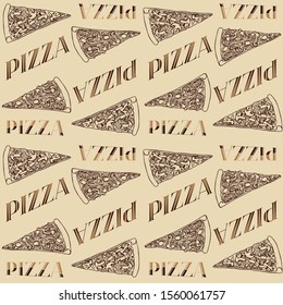 Hand drawn vector seamless pattern with realistic vegan pizza slices and lettering. Good for using in cafe, pizzeria or bakery. Vegetarian pizza