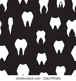 hand drawn vector seamless pattern with different teeth on dark background. cartoon style. fabric design, textile, wrapping paper, background, cards or wallpaper. medical illustration clipart.