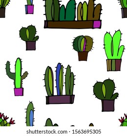 hand drawn vector seamless pattern with different cacti on isolated background. cartoon style. fabric design, textile, wrapping paper, background, cards or wallpaper. plants illustration clipart.