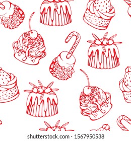 Hand drawn vector of seamless pattern with cakes. New year, happy holidays. Endless texture for festive design and holiday decoration.