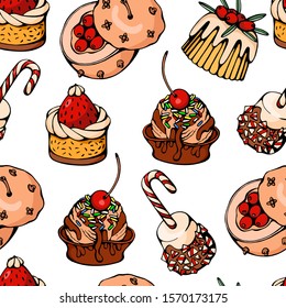 Hand drawn vector seamless pattern of colorful christmas desserts on white background. 2020 year, happy holidays.