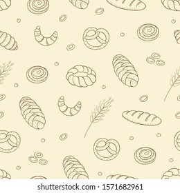 Hand drawn vector seamless pattern with different kind of bread