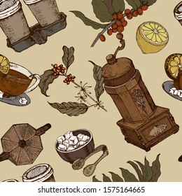 Hand drawn vector seamless pattern with sugar, coffee beans, cup, branch,