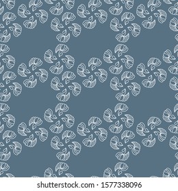Hand drawn vector seamless pattern with abstract little flower, line art. White and blue.