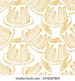 Hand drawn vector of seamless pattern with cakes. New year, happy holidays. Endless texture for festive design and holiday decoration.