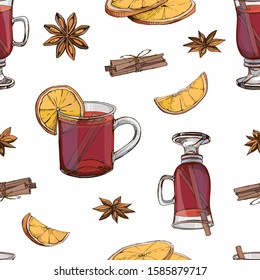 Hand drawn vector seamless pattern with popular winter alcoholic beverage. Mulled wine with spices and citrus fruit isolated on white. Print for New Year design. Endless texture. Menu decoration