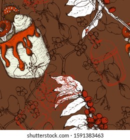 Hand drawn vector seamless pattern with coffee beans, branch, dessert 