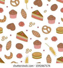 Hand drawn vector seamless pattern with different kind of bread and sweets. Good for baker shops, cafes and confectioneries