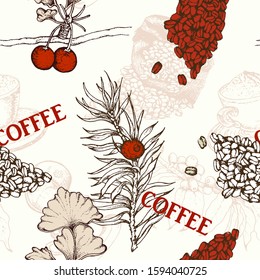 Hand drawn vector seamless pattern with coffee beans, bag, 
branch