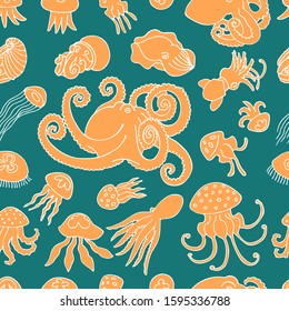 Hand drawn vector seamless pattern with octopuses and jellyfishes on dark background. Color stock illustration.