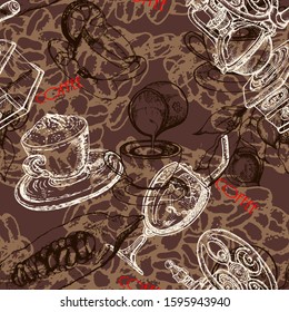 Hand drawn vector seamless pattern with coffee beans, bag, 
branch