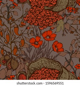 Hand drawn vector seamless pattern with coffee beans, bag, 
branch, flowers