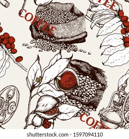 Hand drawn vector seamless pattern with coffee beans, bag, 
branch